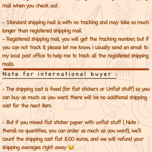 May include: Text on a cream-colored background details shipping options, including standard and registered mail, for international buyers. The text also mentions fixed shipping costs for flat stickers and refunds for shipping overages.