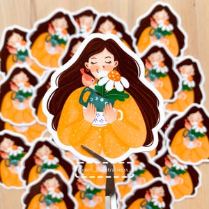 ORIGINAL DESIGN, Spring Girl Sticker, Waterproof and durable sticker, Laptop sticker, Journal sticker, Floral girl sticker, Cozy sticker