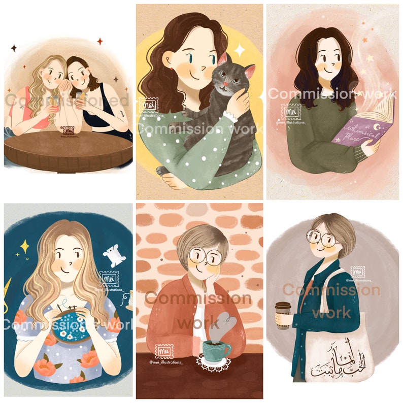 May include: A collection of six digital illustrations featuring women in various settings. One shows two women at a table, another a woman with a cat, and others reading, crafting, and enjoying coffee. Each image includes the text "Commission work".