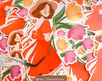 ORIGINAL DESIGN, Summer girl waterproof and durable die cut sticker, Water bottle sticker, Laptop sticker, Tulip girl sticker, Tulips