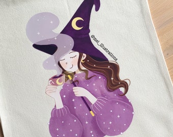 Illustrated tote bag, Witchy tote bag, Digital art tote bag, Cotton canvas totebag, Witch girl tote bag, Witchcraft tote bag, School totebag