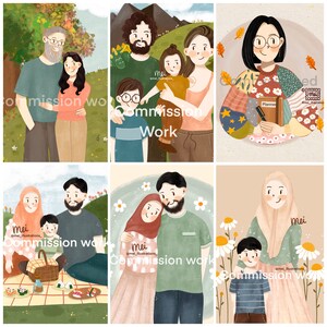 May include: A collection of six digital illustrations featuring families and individuals. Each image depicts a couple or family, with soft colors and a cartoon style. The text "Commission Work" is present in each image.
