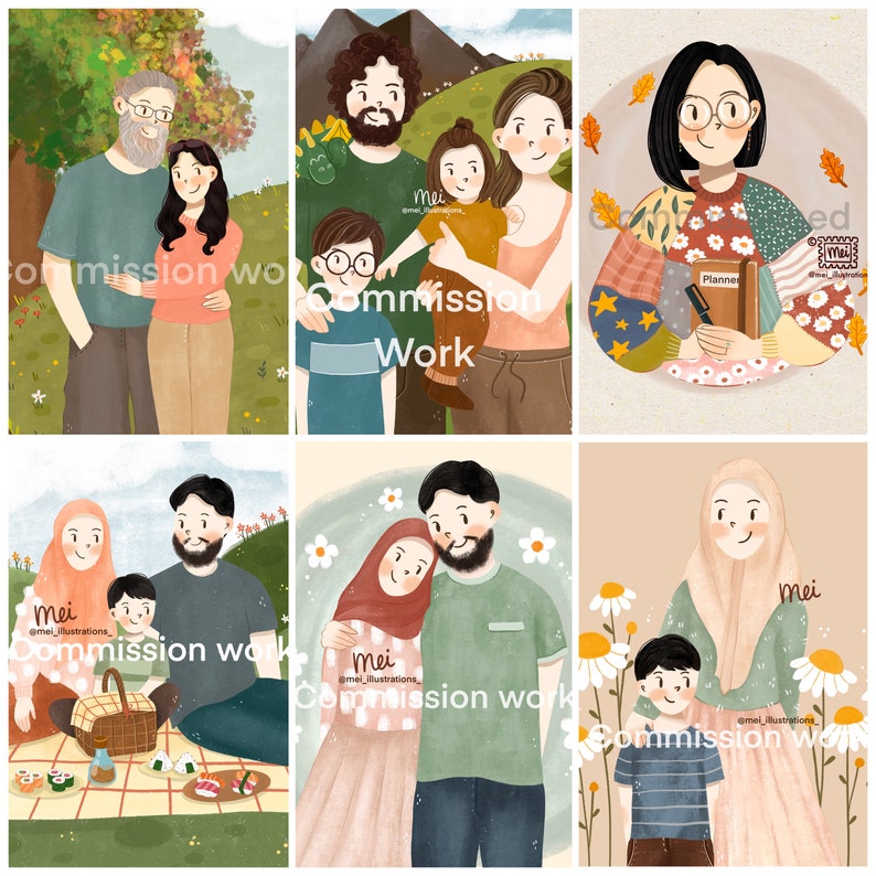 May include: A collection of six digital illustrations featuring families and individuals. Each image depicts a couple or family, with soft colors and a cartoon style. The text "Commission Work" is present in each image.
