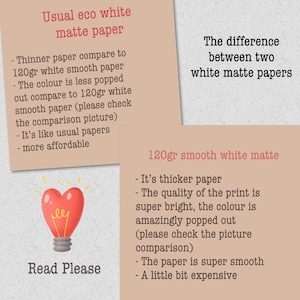 May include: A comparison of two white matte papers, with text describing the differences in thickness, color, and price. The image includes a heart-shaped lightbulb graphic and the text "Read Please."