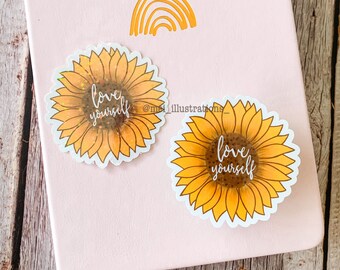 Sticker tournesol, sticker brillant, sticker holographique, sticker printanier, sticker fleur, sticker citation, sticker encouragement, sticker pour ordinateur portable