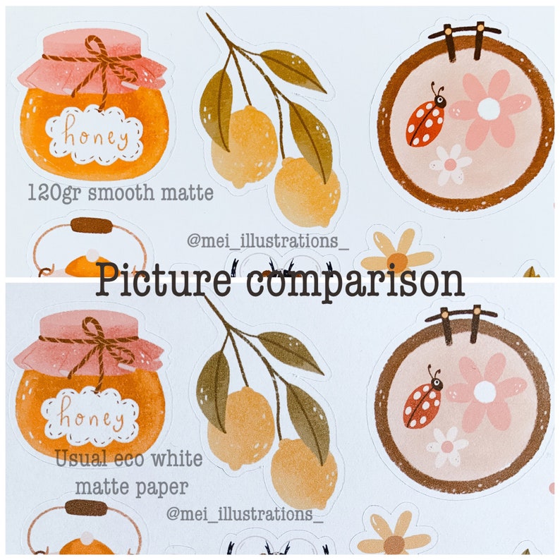 May include: A comparison of two sticker designs. One features a honey jar with the word "honey", a lemon branch, and a floral embroidery hoop with a ladybug. The other design is similar, with the text "120gr smooth matte" and "Usual eco white matte paper".