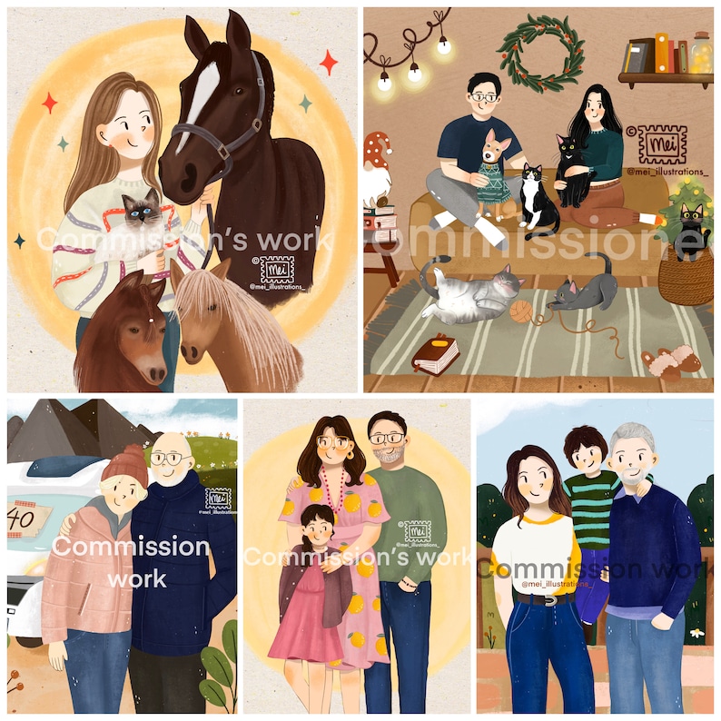 May include: Digital illustrations featuring commissioned portraits of people with their pets and family members. The artwork includes a woman with a cat and horses, a family with dogs and cats, and other family portraits. The text "Commission's work" is visible.