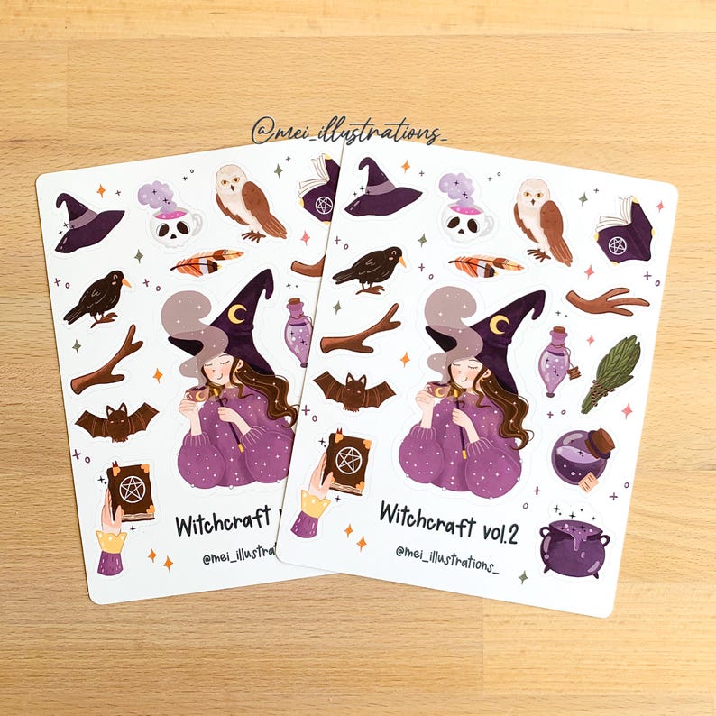 May include: Two sticker sheets featuring a witch theme. Each sheet has illustrations of a witch, a witch's hat, a crow, a bat, a potion bottle, a cauldron, and the text "Witchcraft vol. 2". The stickers are on a white background.