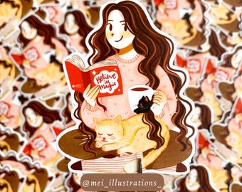 ORIGINAL DESIGN, Bookworm waterproof and durable die cut sticker, Water bottle sticker, Laptop sticker, Girl sticker, Cat mom sticker