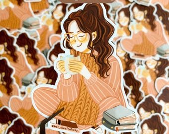 ORIGINAL DESIGN, Cozy girl waterproof and durable die cut sticker, Water bottle sticker, Laptop sticker, Bookish sticker, Bookworm sticker