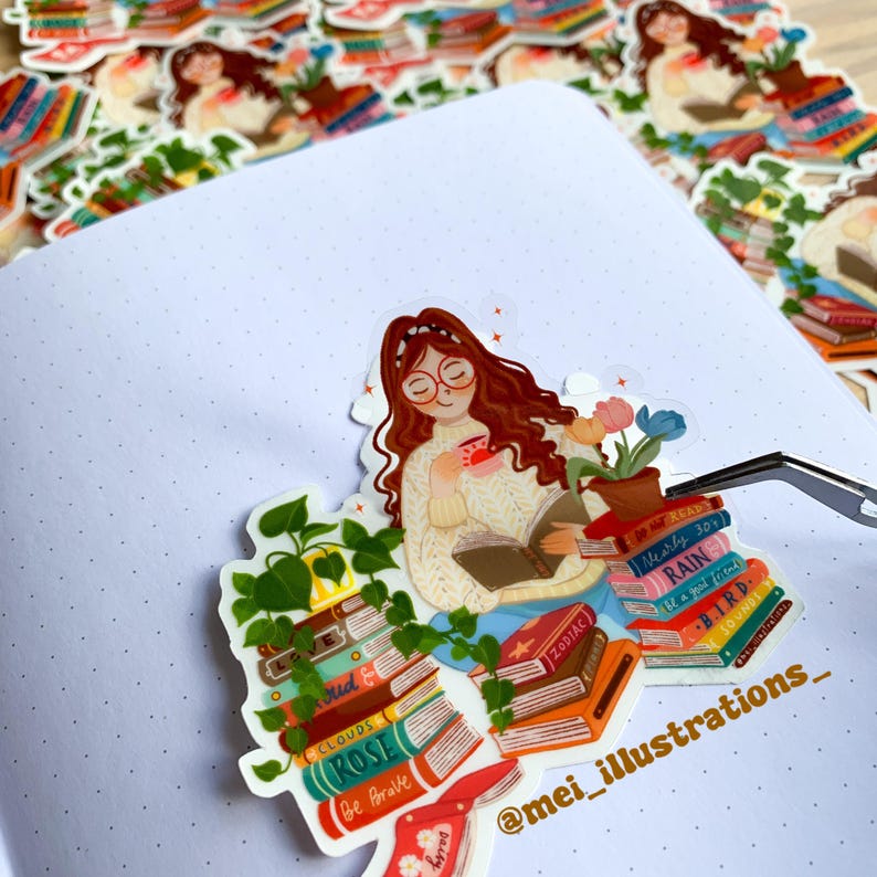 May include: A selection of stickers depicting a woman reading, with books and plants. The stickers have a watercolour style, with text including "Clouds", "Rose", and "Zodiac". The artist's handle, @mei_illustrations_, is also visible on the stickers.