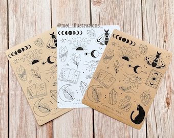 DISEÑO ORIGINAL, Pegatina mágica celestial, Pegatina kraft para bullet journal, Pegatina para scrapbooking, Pegatina para planificador, Pegatinas celestiales