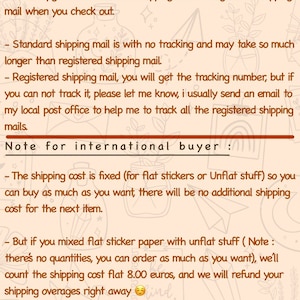 May include: A beige graphic with text about shipping options, including standard and registered mail, for international buyers. The text also mentions fixed shipping costs for flat stickers and refunds for shipping overages. The Etsy shop URL is at the bottom.