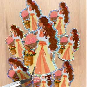 ORIGINAL DESIGN, Holo Spring girl sticker, Waterproof and durable sticker, Journal sticker, Floral girl sticker, Cozy sticker