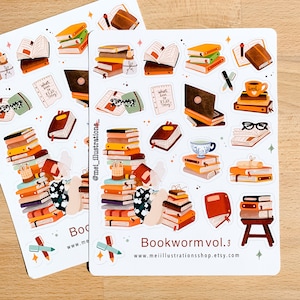 DISEÑO ORIGINAL, Hoja de pegatinas Bookworm vol. 3, Hoja de pegatinas Bookish, Pegatina Bookworm, Pegatina Bookworm