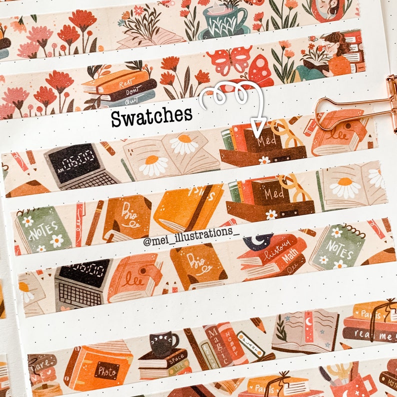 May include: Decorative washi tape swatches featuring book and floral designs. The tape includes text such as "Rest Don't Quit", "Notes", and "Bio". The color palette includes shades of orange, beige, and brown. The text "Swatches" is also visible.