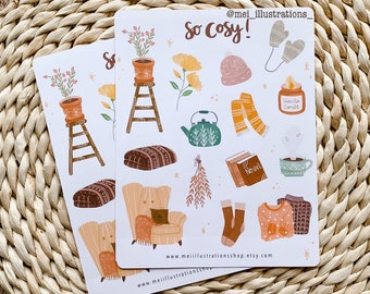ORIGINEEL ONTWERP, gezellig stickervel, Bujo-stickervel, plakboeksticker, Bujo-sticker, gezellige sticker, hygge-sticker, dagboeksticker