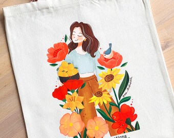 Bolso de mano ilustrado, bolso de mano de primavera, bolso de mano con arte digital, bolso de lona de algodón, bolso de mano para niña de las flores, bolso de mano floral, bolso de mano escolar