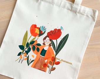 Bolso de mano ilustrado, bolso de mano de primavera, bolso de mano con arte digital, bolso de lona de algodón, bolso de mano para niña de las flores, bolso de mano floral, bolso de mano escolar