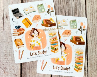 Let's Study Sticker sheet, Bujo Sticker, Planner Sticker, Study sticker sheet, Journal sticker, Bookworm sticker sheet, Books sticker sheet