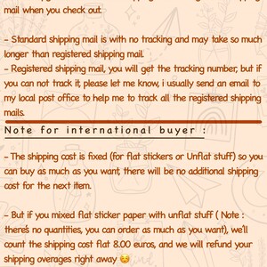 May include: A beige-colored graphic with text about shipping options for international buyers. The text includes information about standard and registered shipping, tracking, and shipping costs for stickers and other items. The website address is also included.