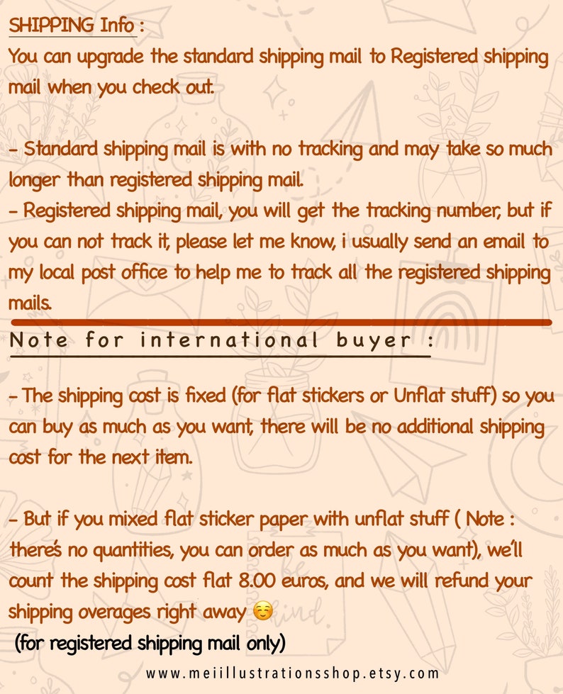 May include: A beige-colored graphic with text about shipping options for international buyers. The text includes information about standard and registered shipping, tracking, and shipping costs for stickers and other items. The website address is also included.