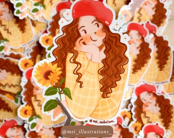 ORIGINAL DESIGN, Summer girl waterproof and durable die cut sticker, Water bottle sticker, Laptop sticker, Sunflower Girl sticker, Sunflower