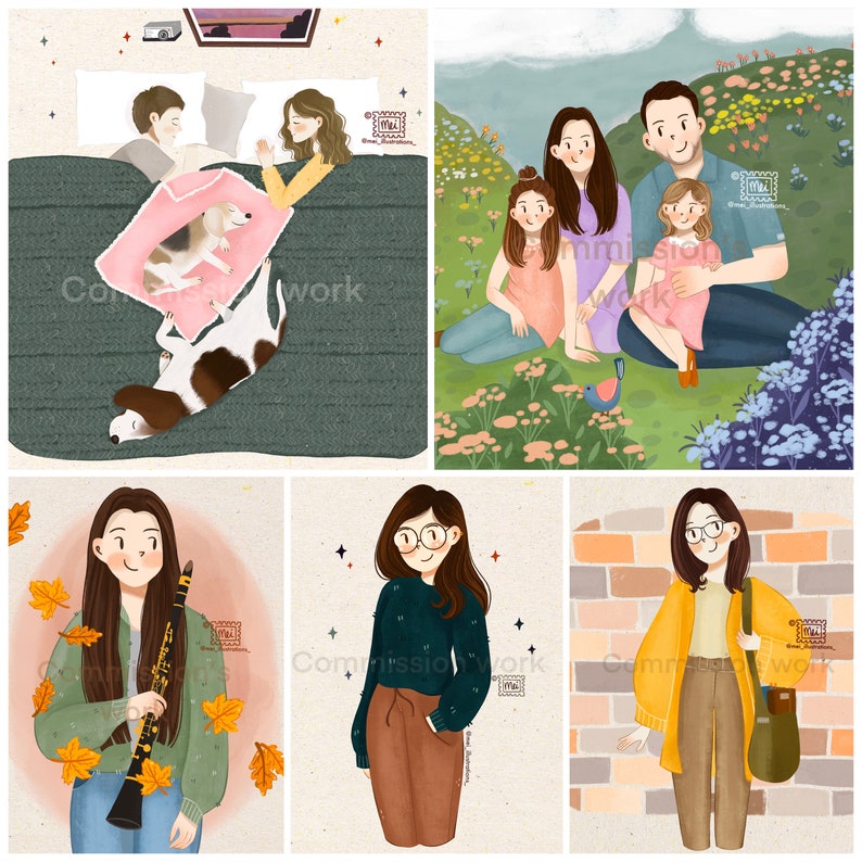 May include: A collection of digital illustrations featuring people and pets. One depicts a couple in bed with a dog, another a family in a field, and others show individual figures with various accessories.