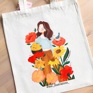 Illustrated tote bag, Floral tote bag, Digital art tote bag, Canvas tote bag, Flower girl tote bag, DTF print tote bag, Flower tote bag