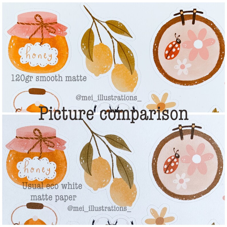 May include: A comparison of two sticker designs. One features a honey jar with the word "honey", a lemon branch, and a floral embroidery hoop with a ladybug. The other design is similar, with the text "120gr smooth matte" and "Usual eco white matte paper".
