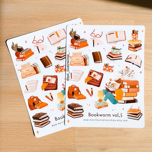 Bookworm vol.5 sticker sheet, Bookish sticker sheet , Book lover Sticker, Bookish Sticker, Bookworm Sticker, Stacked of Books sticker sheet