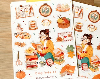 ORIGINAL DESIGN, Cozy hobbies sticker sheet, Bookish sticker sheet , Book lover Sticker, Cozy Sticker, Hobbies Sticker, Hygged sticker