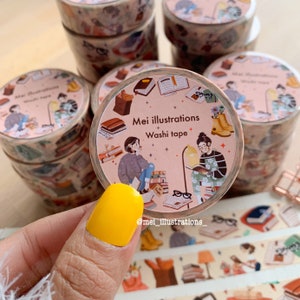 ORIGINEEL ONTWERP, boekenwurm-washi-tape, 150 x 10 m-washi-tape, leesgrage washi-tape, washi-tape, boeken-washi-tape, boekenliefhebber-washi