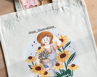 Bolso de mano ilustrado, bolso de mano de primavera, bolso de mano con arte digital, bolso de lona de algodón, bolso de mano para niña de las flores, bolso de mano floral, bolso de mano escolar