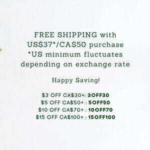 May include: A white graphic with dark green text detailing discount codes: 3OFF30, 5OFF50, 10OFF70, and 15OFF100. The text includes information about free shipping thresholds and savings. Two small green pine sprigs frame the left and right sides.