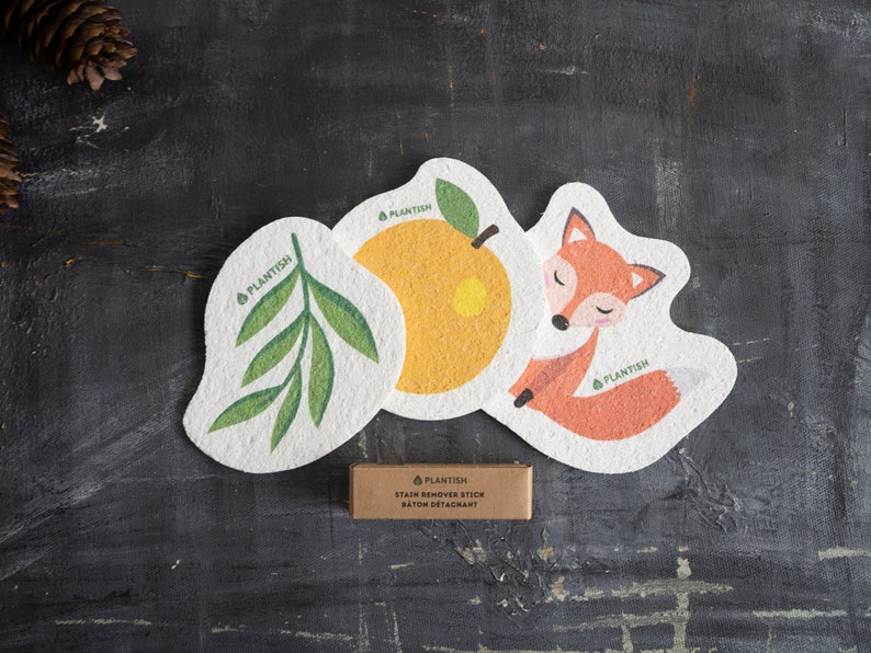 Fox Pop up Sponge Zero Waste Biodegradable Kitchen Sponge Wood Pulp Cellulose Compostable Scourer Sustainable Products Plantish Set + Stain Remover