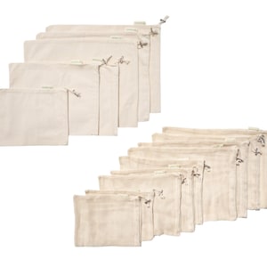 Ensemble de 15 sacs de produits variés | Sac à fruits et légumes en coton biologique| Sac d'épicerie lavable en filet | Zéro déchet | Cadeau respectueux de l'environnement | Stockage en vrac