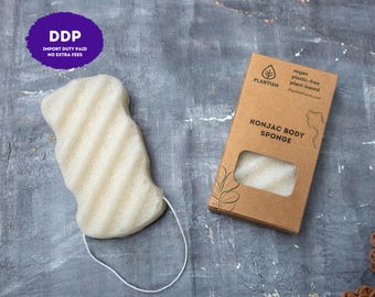 Puede incluir: Una esponja corporal de konjac beige con textura ondulada y un cordón blanco, junto a su caja de cartón marrón. El envase muestra el texto Plantish, vegan, plastic-free, plant-based y Konjac Body Sponge.