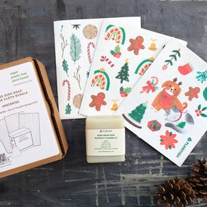 Swedish Sponge Cloth & Solid Dish Soap | Zero Waste Plastic Free Eco-Clean Essentials Holiday Gift Bundle | 100% Vegan and Natural Soap
