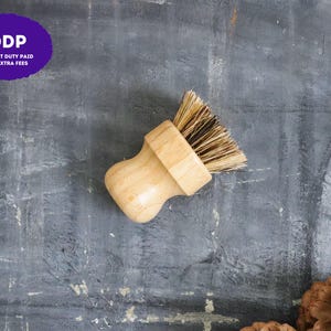 May include: A round wooden dish brush with stiff, light brown natural bristles. The handle is made of smooth, light-colored wood and is shaped to fit comfortably in the palm of a hand. The brush is designed for scrubbing dishes and surfaces.