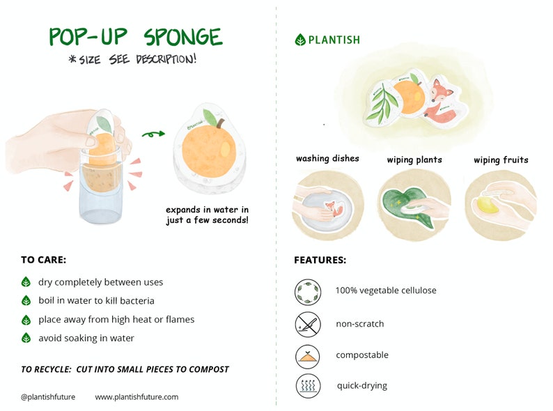 Fox Pop up Sponge Zero Waste Biodegradable Kitchen Sponge Wood Pulp Cellulose Compostable Scourer Sustainable Products Plantish afbeelding 7