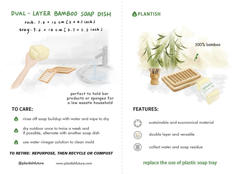 Dual-layer Bamboo Soap Dish Best Draining Biodegradable Soap Rack, Soap Saver Soap Bar, Shampoo Bar, Conditioner Zero Waste Plantish image 8