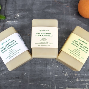 Solid Dish Soap (new design) | Dishwashing Soap Bar/Brick| Bamboo Soap Dish | Zero Waste Kitchen Set | Plantish