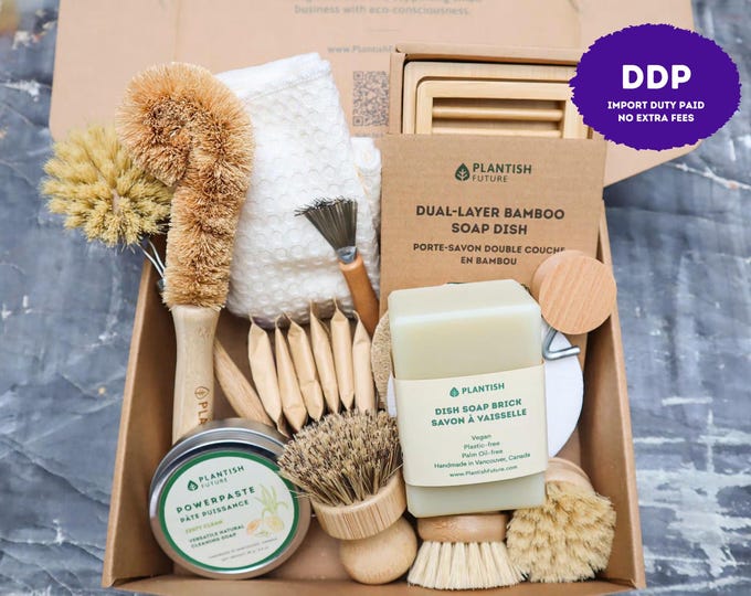 Zero Waste Cleaning Set | Natural Dishwashing Soap Bar | Organic Cotton Produce Bag | Zero Waste Kitchen | Plantish