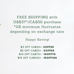 May include: A white graphic with dark green text detailing discount codes: 3OFF30, 5OFF50, 10OFF70, and 15OFF100. The text includes information about free shipping thresholds and savings. Two small green pine sprigs frame the left and right sides.