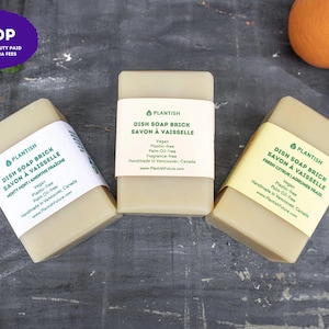 Peut inclure: Trois pains rectangulaires de savon à vaisselle beige clair, chacun enveloppé dans une étiquette en papier avec du texte vert. Les étiquettes indiquent Plantish Dish Soap Brick, Savon à Vaisselle, vegan, sans plastique, sans huile de palme.