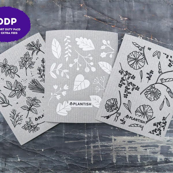 Healing Herbs - Swedish Sponge Cloth Set | 100% Compostable with Stain Removing Dish Soap | Baby Burp Cloths Unpaper Towel | Plantish