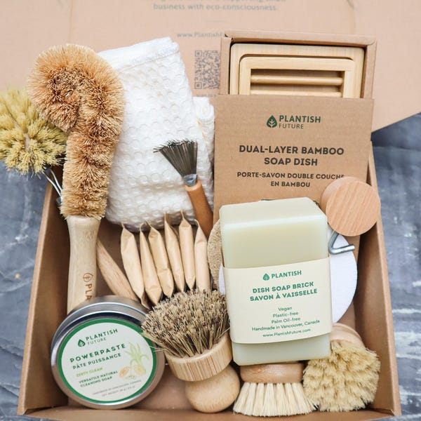 Zero Waste Cleaning Set | Natural Dishwashing Soap Bar | Organic Cotton Produce Bag | Mothers Day Gift Set | Zero Waste Kitchen | Plantish