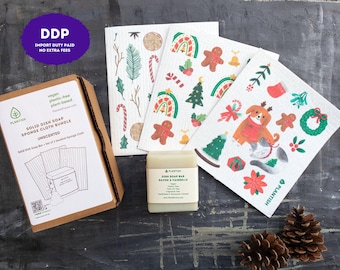 Swedish Sponge Cloth & Solid Dish Soap | Zero Waste Plastic Free Eco-Clean Essentials Holiday Gift Bundle