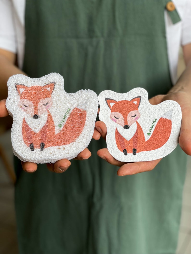 Fox Pop up Sponge Zero Waste Biodegradable Kitchen Sponge Wood Pulp Cellulose Compostable Scourer Sustainable Products Plantish afbeelding 1